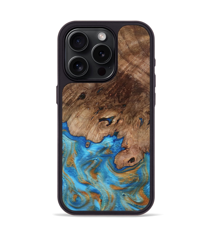 iPhone 15 Pro Wood Phone Case - Bell (Teal & Gold, 798188)