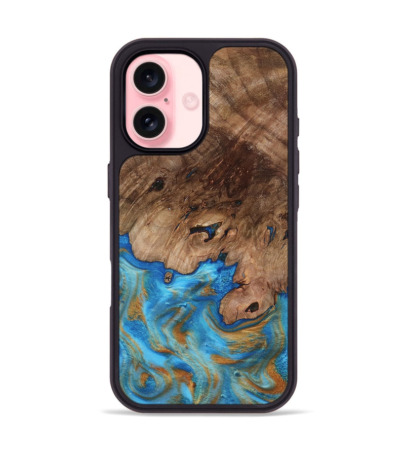 iPhone 16 Wood Phone Case - Bell (Teal & Gold, 798188)