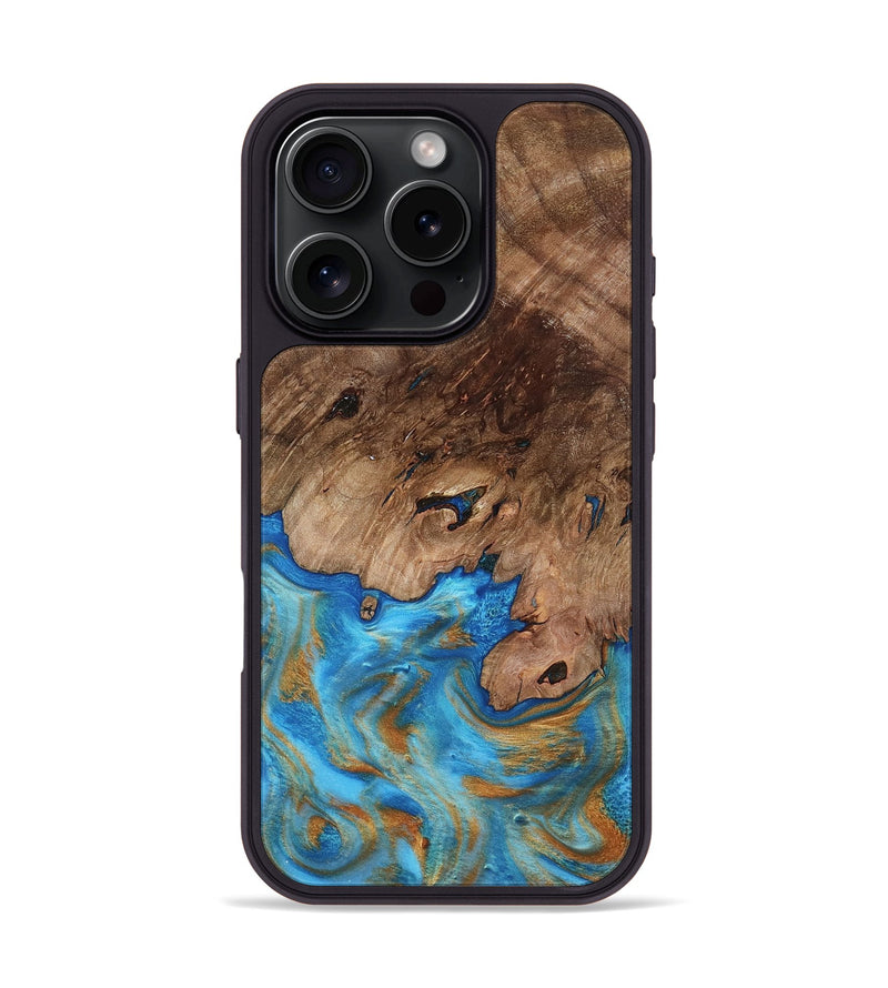 iPhone 16 Pro Wood Phone Case - Bell (Teal & Gold, 798188)