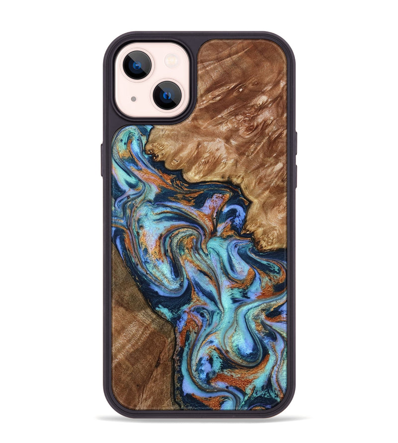 iPhone 14 Plus Wood Phone Case - Heath (Teal & Gold, 798192)