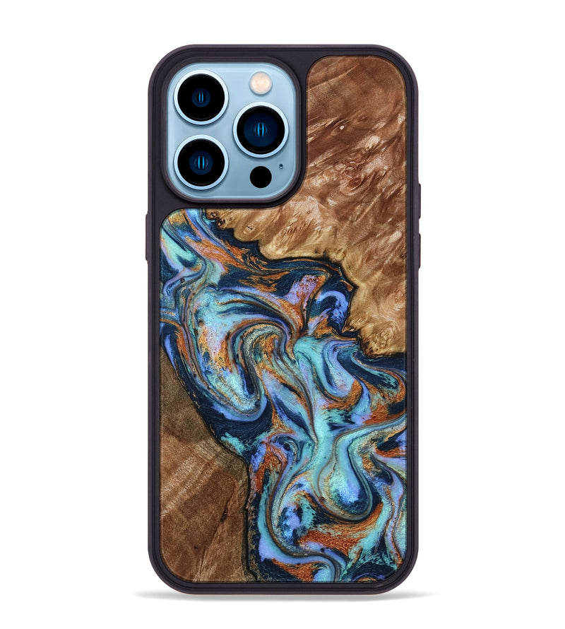 iPhone 14 Pro Max Wood Phone Case - Heath (Teal & Gold, 798192)