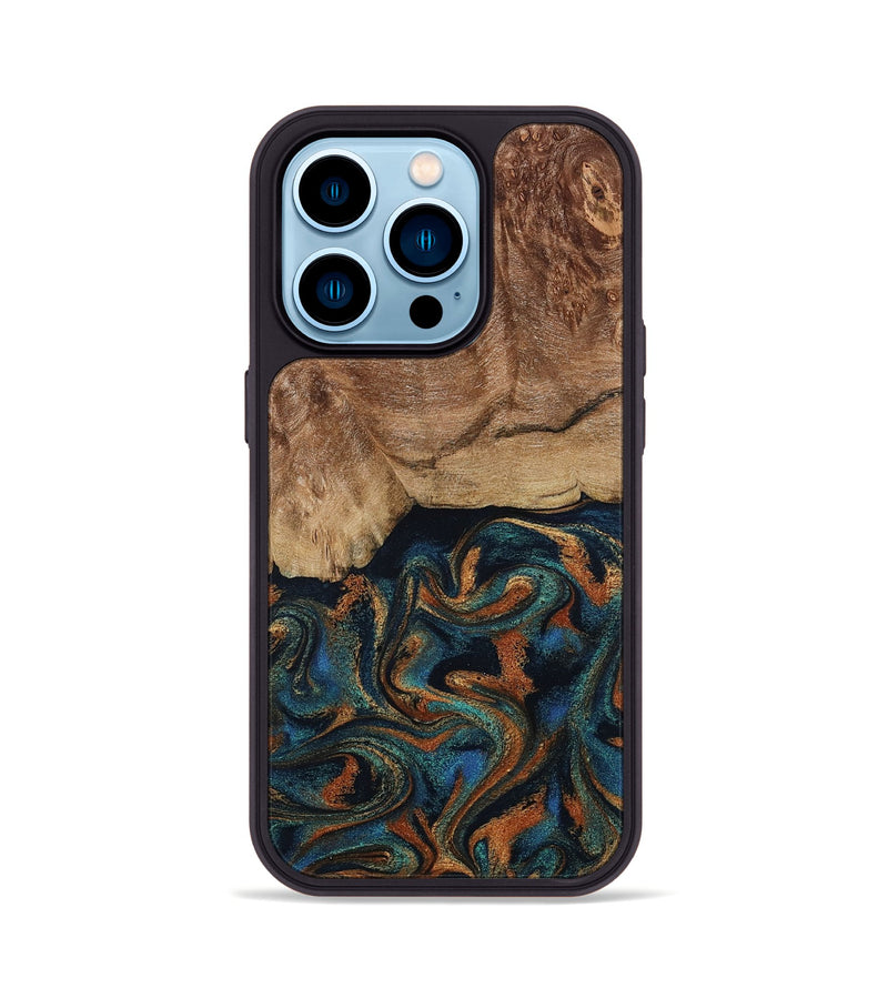 iPhone 14 Pro Wood Phone Case - Lyndsey (Teal & Gold, 798194)