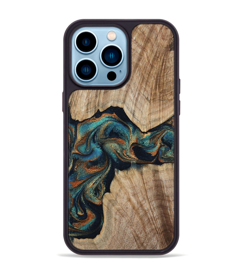 iPhone 14 Pro Max Wood Phone Case - Hiram (Teal & Gold, 798195)