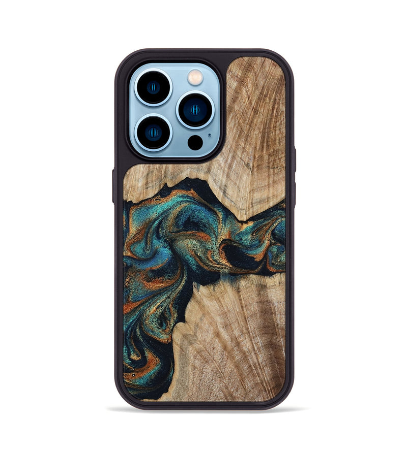 iPhone 14 Pro Wood Phone Case - Hiram (Teal & Gold, 798195)