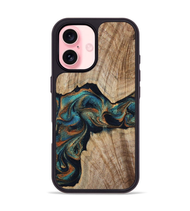iPhone 16 Wood Phone Case - Hiram (Teal & Gold, 798195)