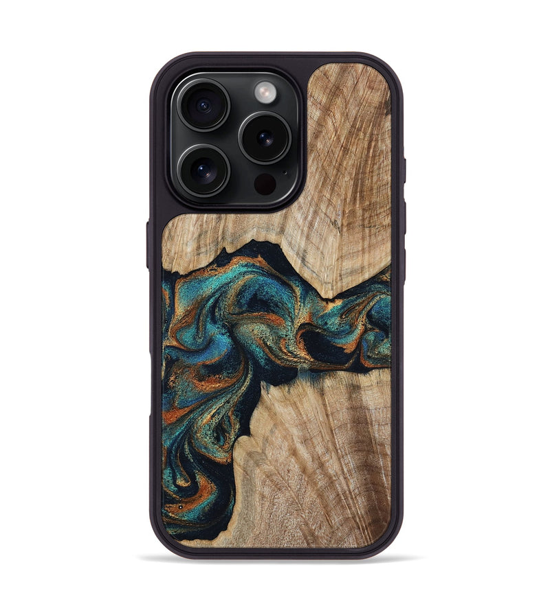 iPhone 16 Pro Wood Phone Case - Hiram (Teal & Gold, 798195)