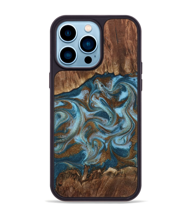 iPhone 14 Pro Max Wood Phone Case - Jan (Teal & Gold, 798197)