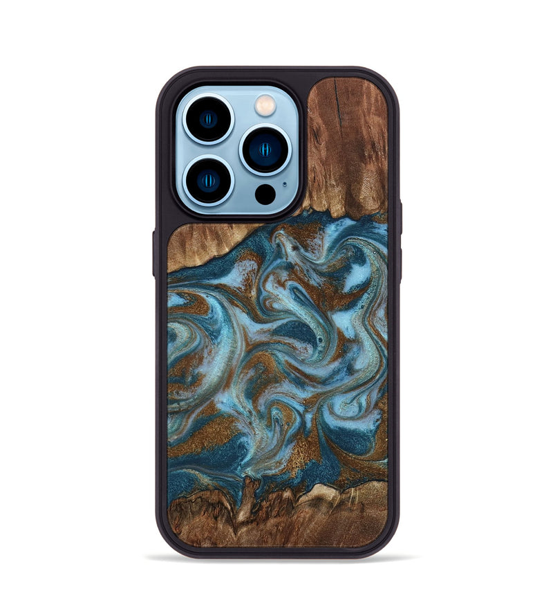 iPhone 14 Pro Wood Phone Case - Jan (Teal & Gold, 798197)