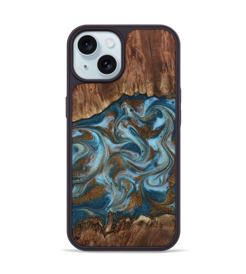 iPhone 15 Wood Phone Case - Jan (Teal & Gold, 798197)