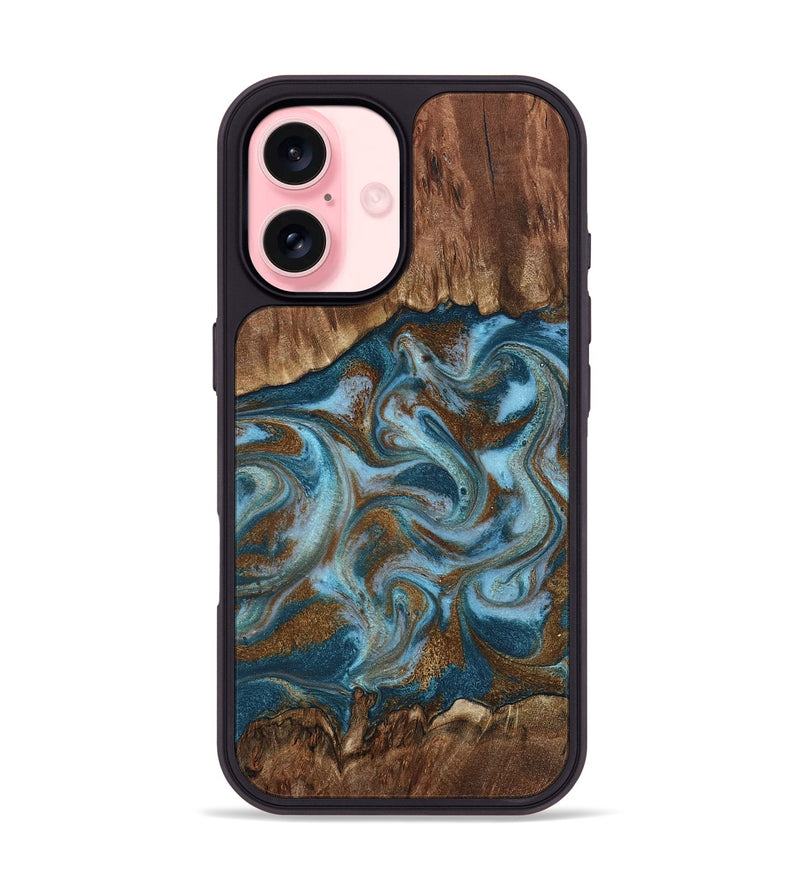 iPhone 16 Wood Phone Case - Jan (Teal & Gold, 798197)