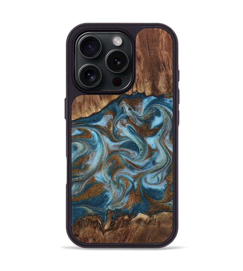 iPhone 16 Pro Wood Phone Case - Jan (Teal & Gold, 798197)