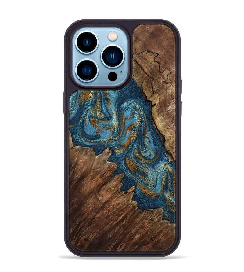 iPhone 14 Pro Max Wood Phone Case - Yahya (Teal & Gold, 798198)
