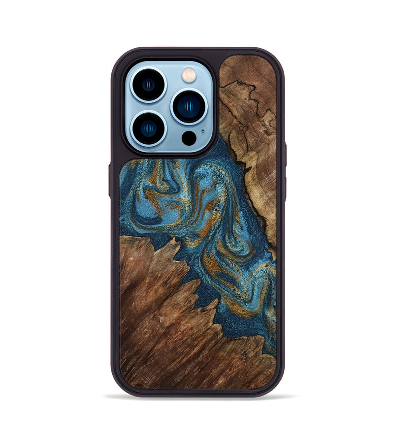 iPhone 14 Pro Wood Phone Case - Yahya (Teal & Gold, 798198)