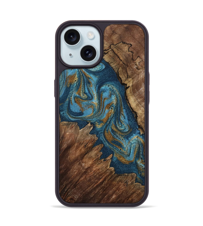 iPhone 15 Wood Phone Case - Yahya (Teal & Gold, 798198)