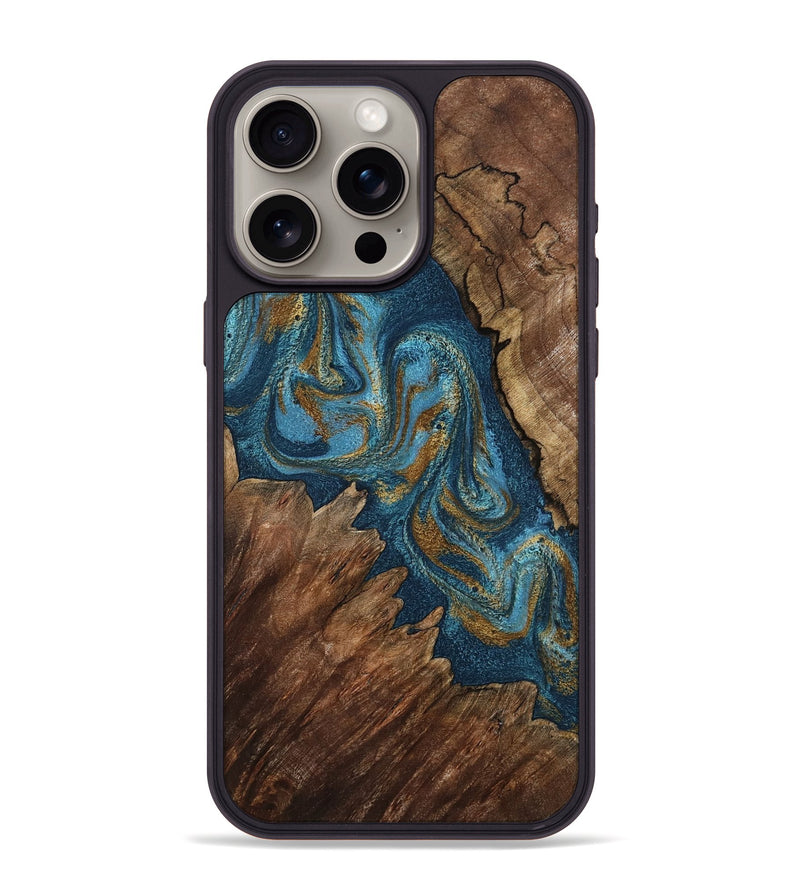 iPhone 15 Pro Max Wood Phone Case - Yahya (Teal & Gold, 798198)