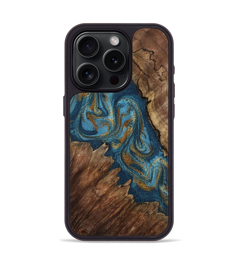 iPhone 15 Pro Wood Phone Case - Yahya (Teal & Gold, 798198)