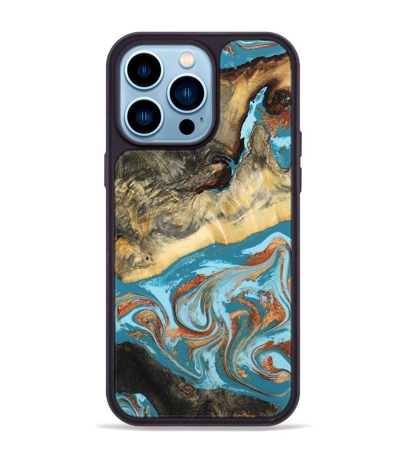 iPhone 14 Pro Max Wood Phone Case - Conrad (Teal & Gold, 798201)