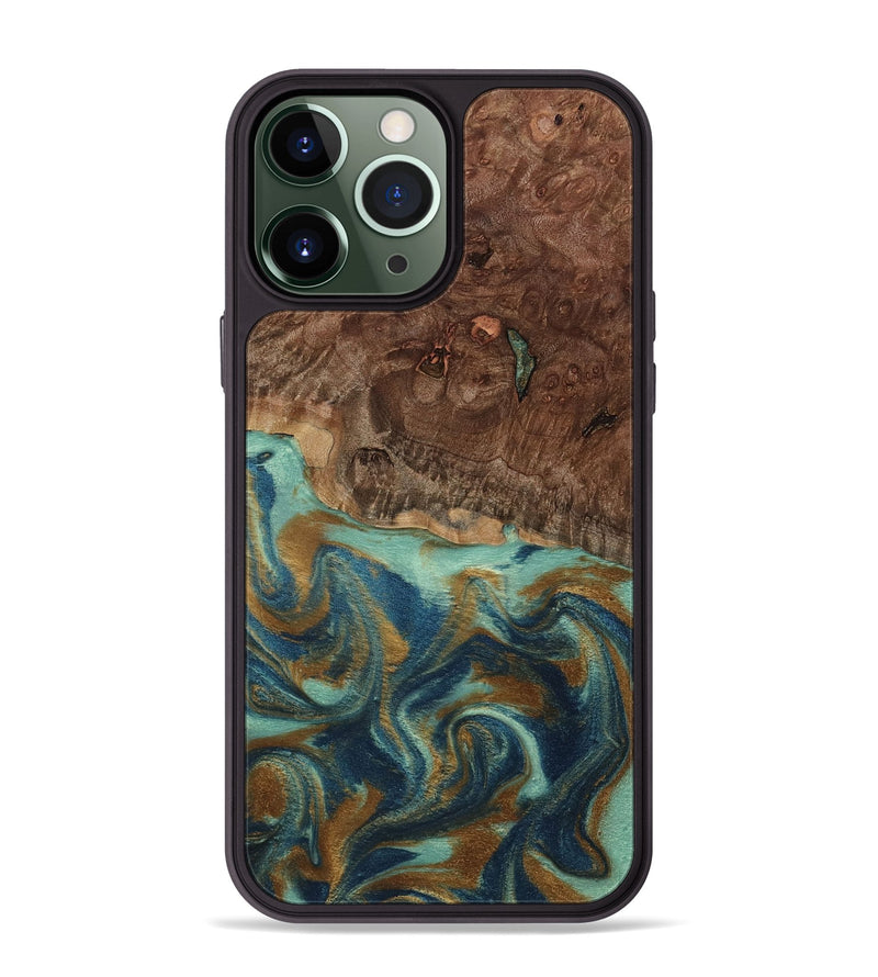 iPhone 13 Pro Max Wood Phone Case - Vicente (Teal & Gold, 798202)