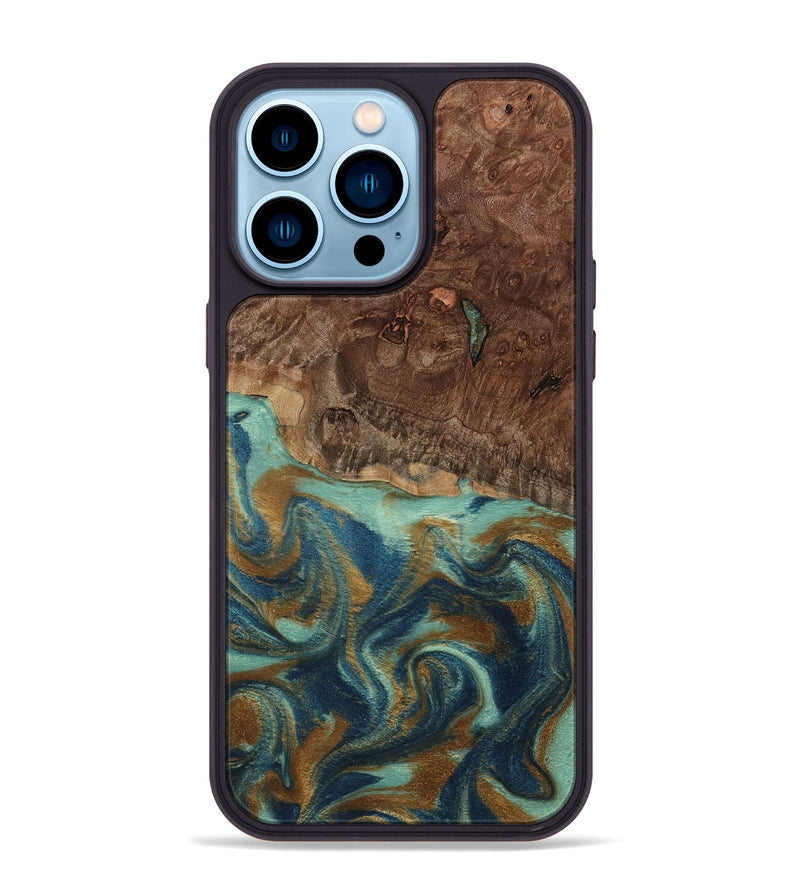 iPhone 14 Pro Max Wood Phone Case - Vicente (Teal & Gold, 798202)