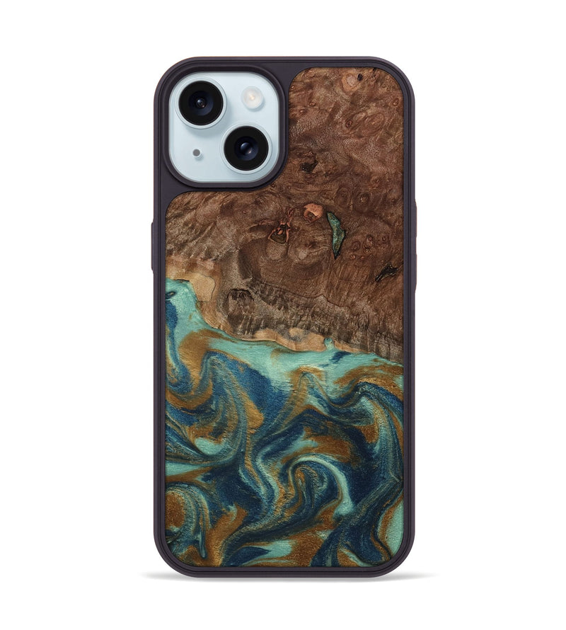 iPhone 15 Wood Phone Case - Vicente (Teal & Gold, 798202)