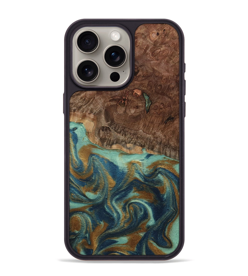 iPhone 15 Pro Max Wood Phone Case - Vicente (Teal & Gold, 798202)