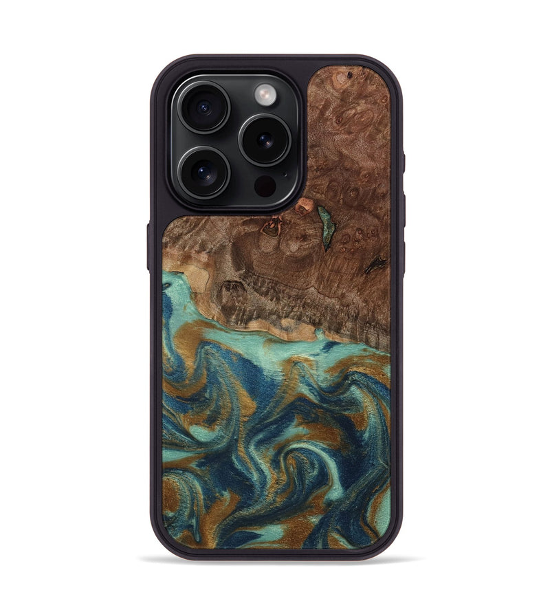 iPhone 15 Pro Wood Phone Case - Vicente (Teal & Gold, 798202)