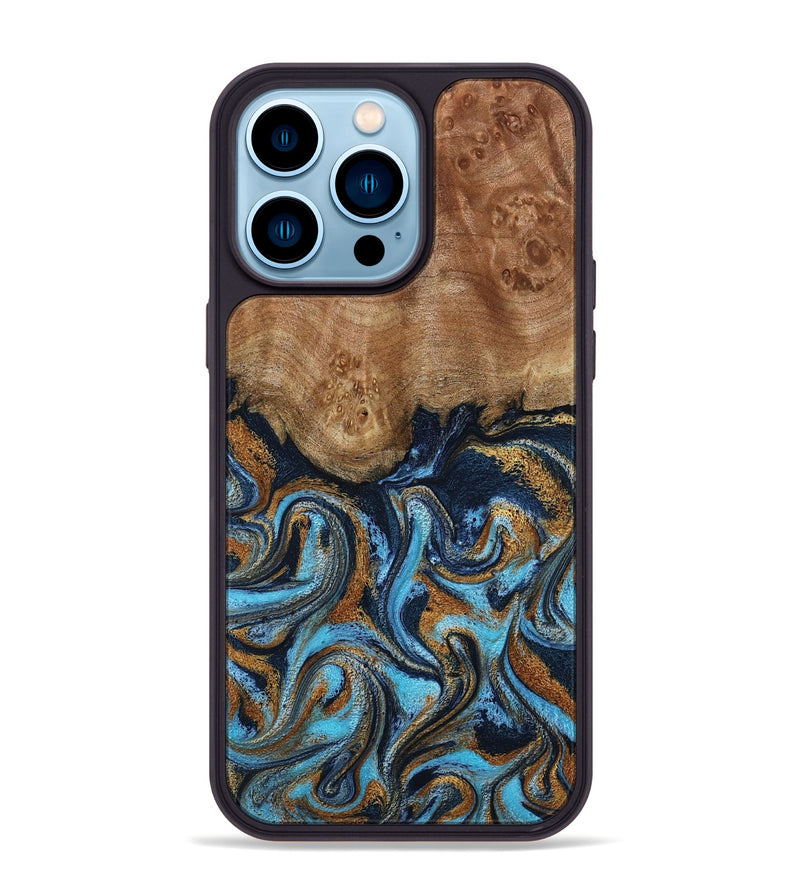 iPhone 14 Pro Max Wood Phone Case - Susana (Teal & Gold, 798204)