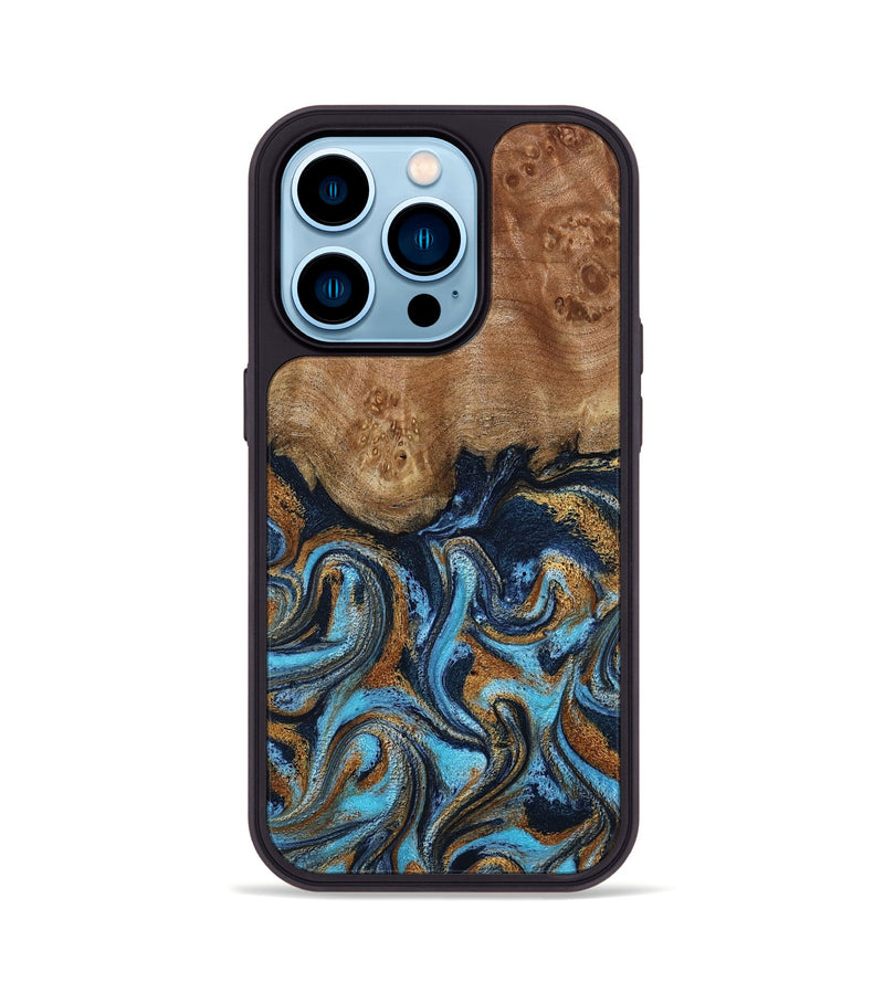 iPhone 14 Pro Wood Phone Case - Susana (Teal & Gold, 798204)