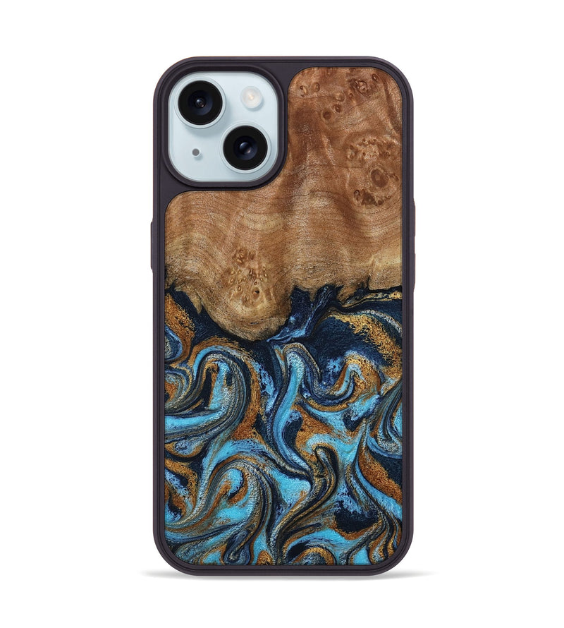 iPhone 15 Wood Phone Case - Susana (Teal & Gold, 798204)
