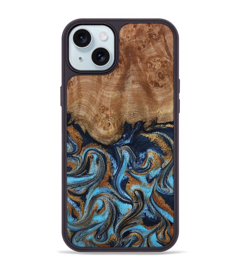 iPhone 15 Plus Wood Phone Case - Susana (Teal & Gold, 798204)