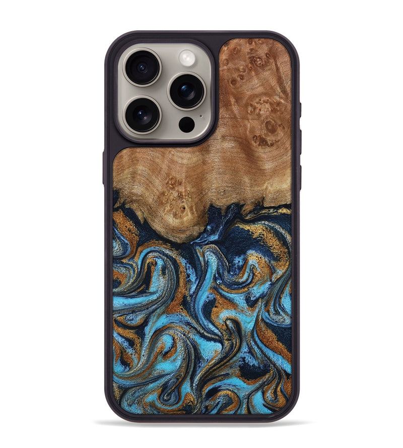 iPhone 15 Pro Max Wood Phone Case - Susana (Teal & Gold, 798204)