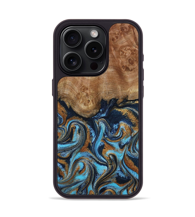 iPhone 15 Pro Wood Phone Case - Susana (Teal & Gold, 798204)