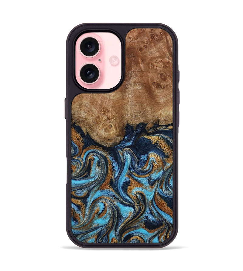 iPhone 16 Wood Phone Case - Susana (Teal & Gold, 798204)