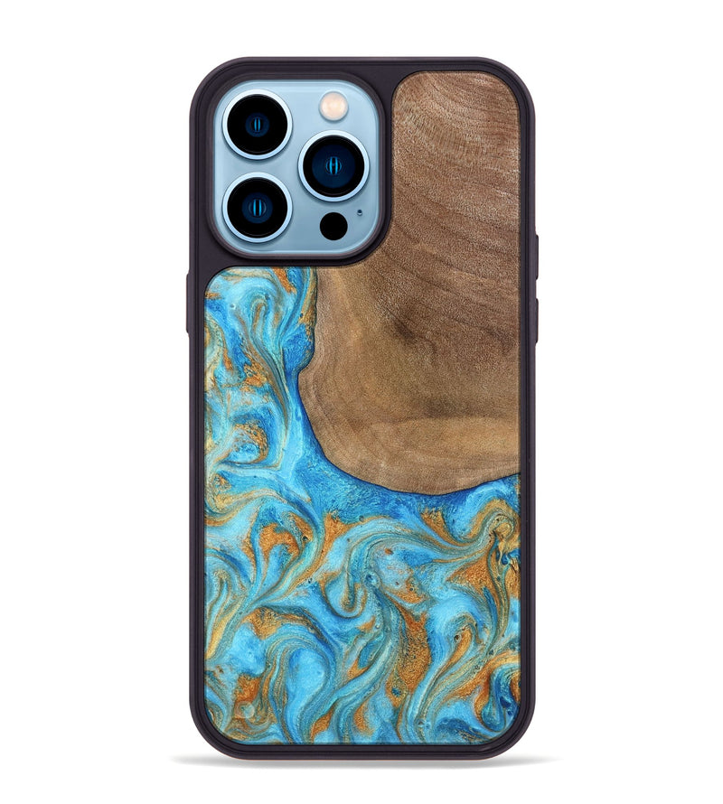 iPhone 14 Pro Max Wood Phone Case - Bettye (Teal & Gold, 798338)