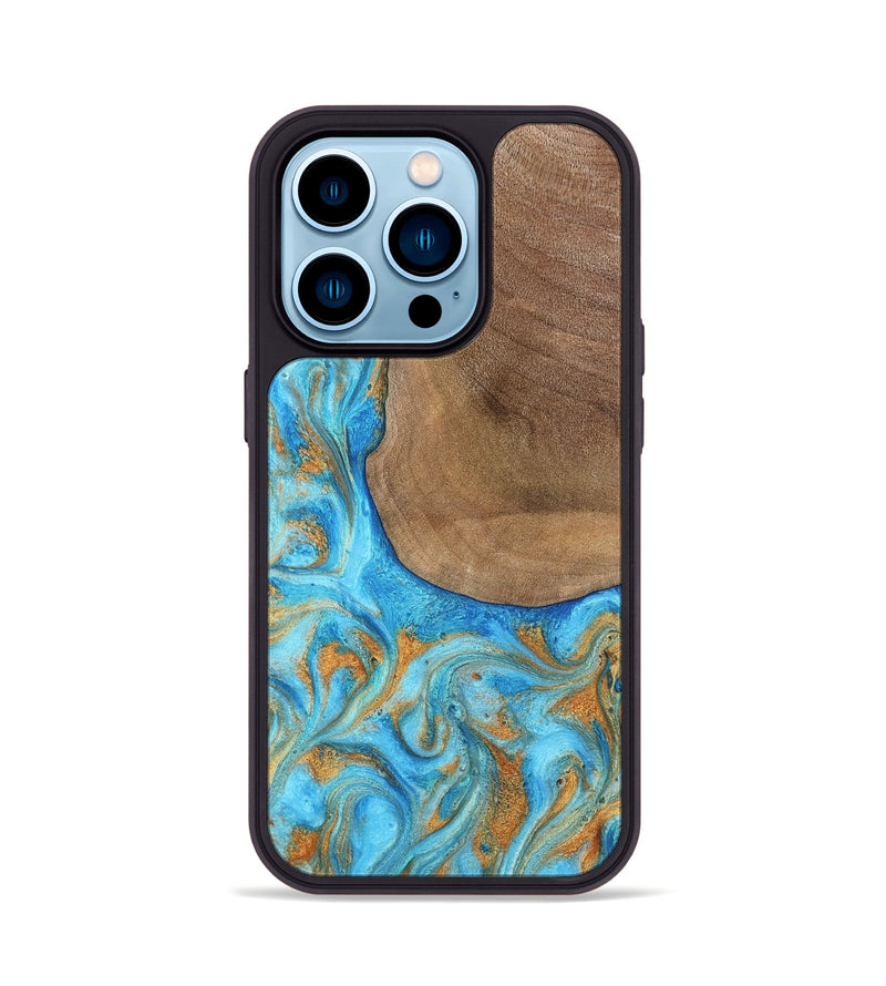 iPhone 14 Pro Wood Phone Case - Bettye (Teal & Gold, 798338)