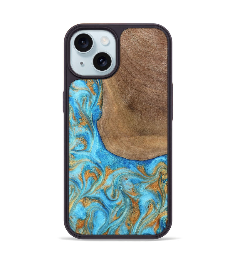 iPhone 15 Wood Phone Case - Bettye (Teal & Gold, 798338)