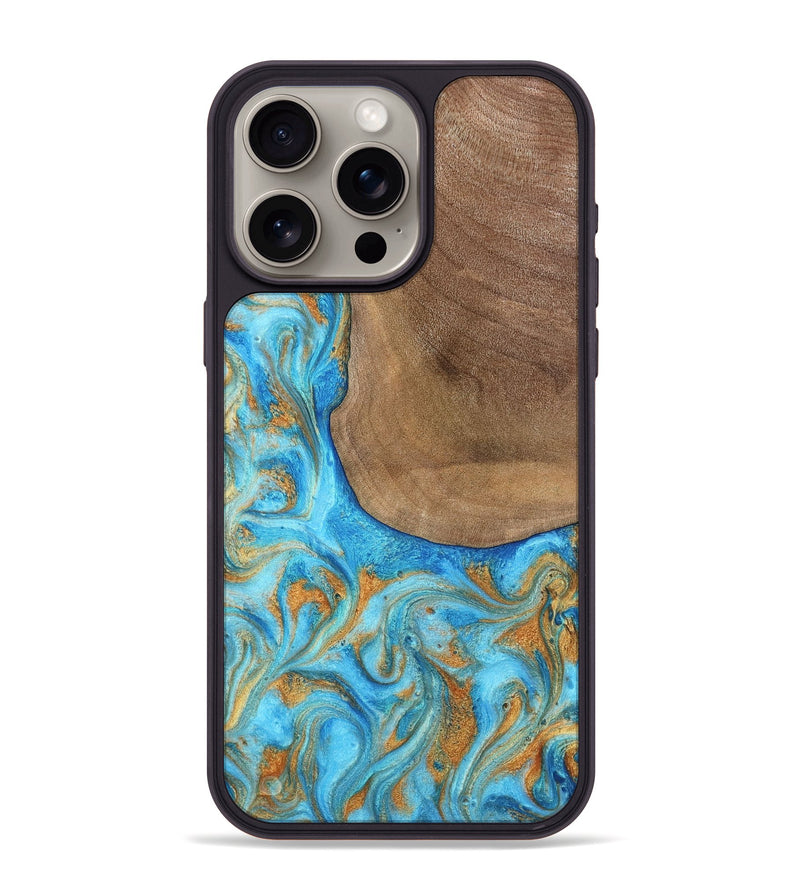 iPhone 15 Pro Max Wood Phone Case - Bettye (Teal & Gold, 798338)