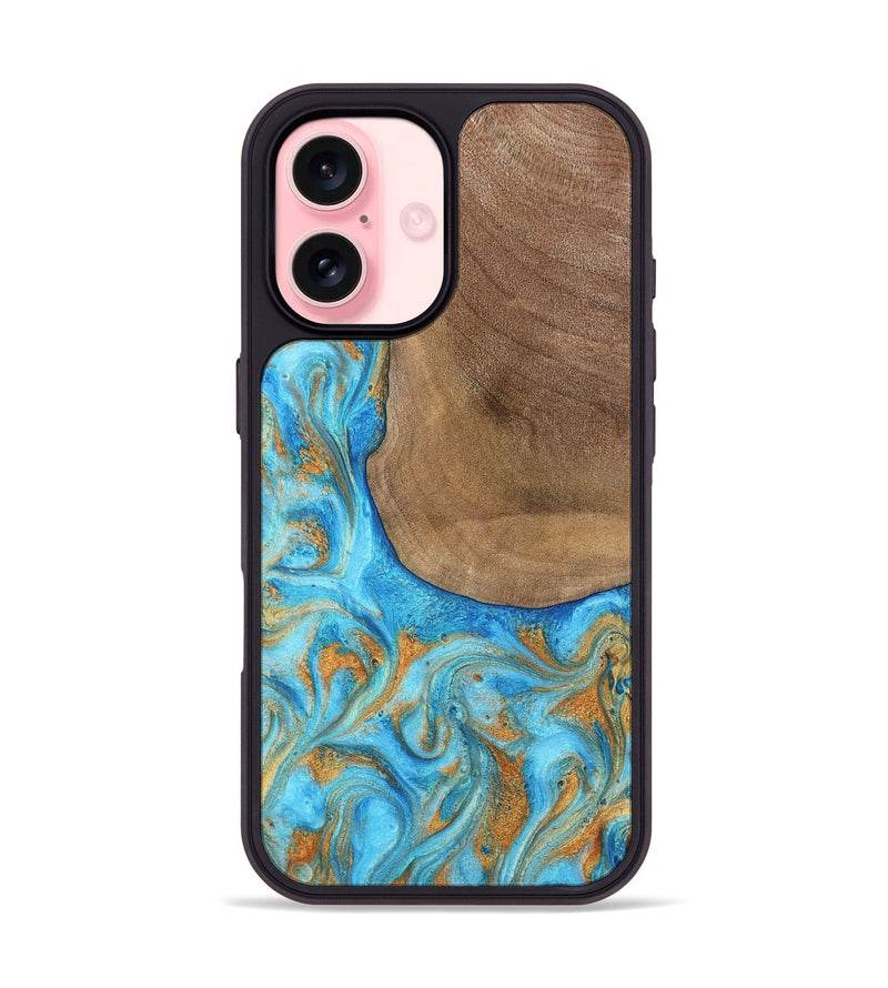 iPhone 16 Wood Phone Case - Bettye (Teal & Gold, 798338)