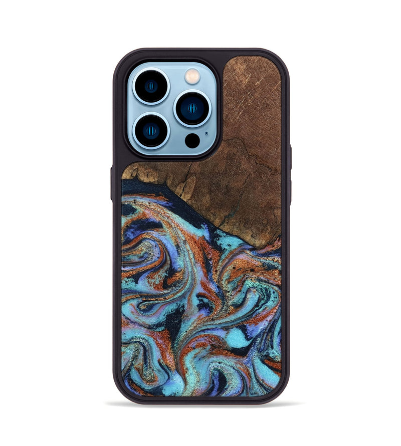 iPhone 14 Pro Wood Phone Case - Ina (Teal & Gold, 798340)