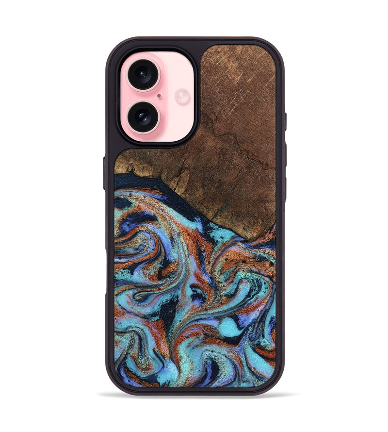 iPhone 16 Wood Phone Case - Ina (Teal & Gold, 798340)