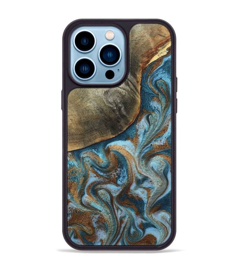 iPhone 14 Pro Max Wood Phone Case - Edgar (Teal & Gold, 798342)