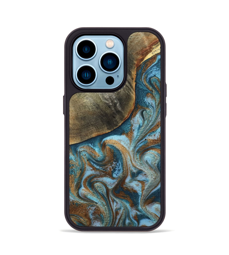 iPhone 14 Pro Wood Phone Case - Edgar (Teal & Gold, 798342)