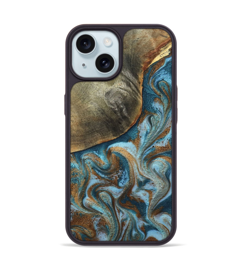 iPhone 15 Wood Phone Case - Edgar (Teal & Gold, 798342)
