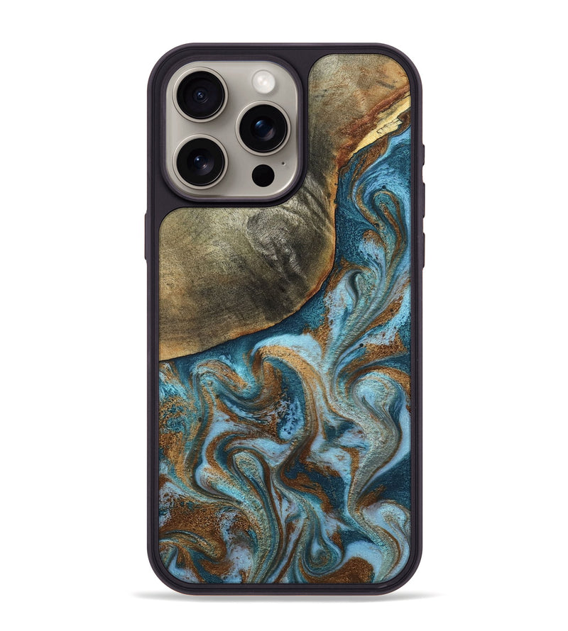 iPhone 15 Pro Max Wood Phone Case - Edgar (Teal & Gold, 798342)