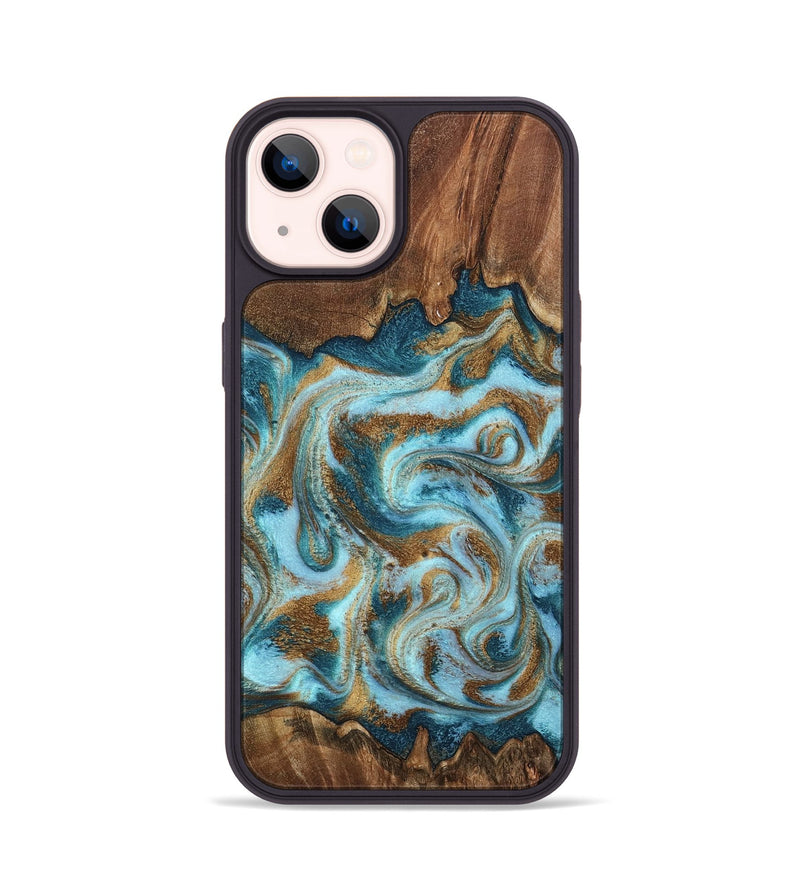 iPhone 14 Wood Phone Case - Cruz (Teal & Gold, 798343)