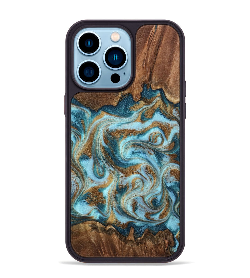 iPhone 14 Pro Max Wood Phone Case - Cruz (Teal & Gold, 798343)