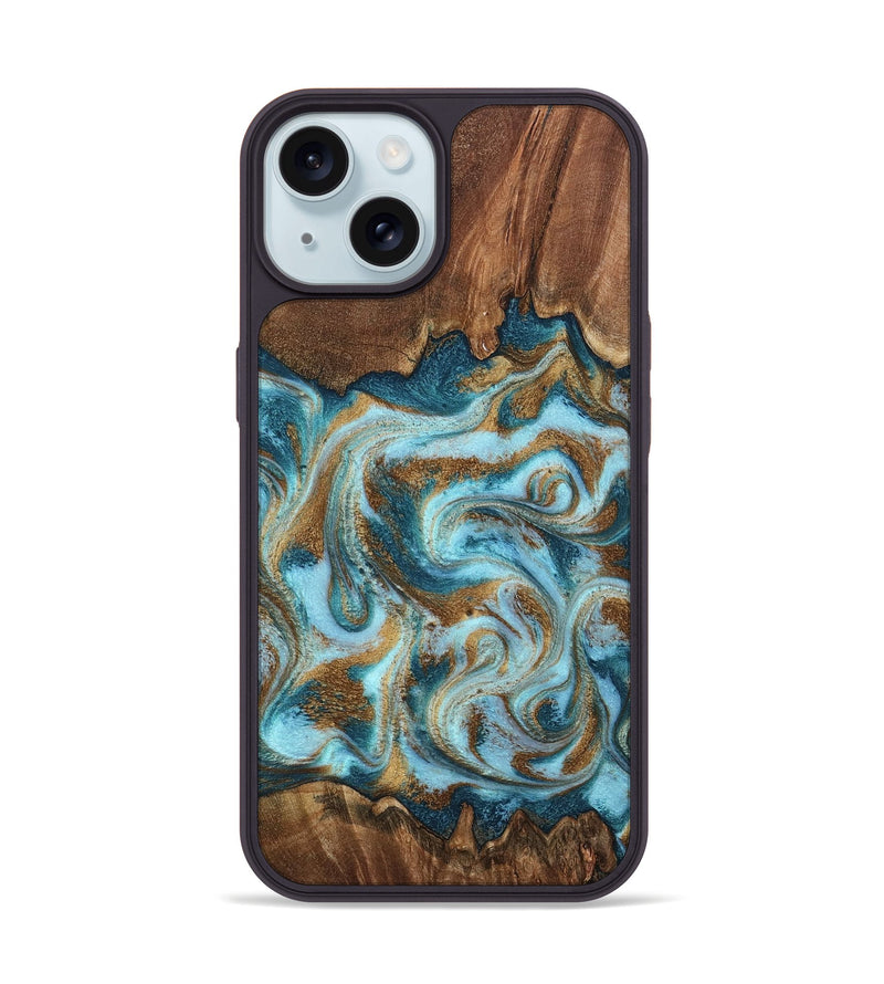 iPhone 15 Wood Phone Case - Cruz (Teal & Gold, 798343)