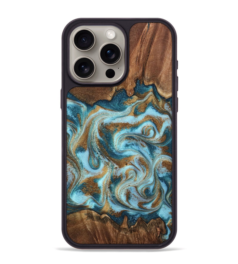iPhone 15 Pro Max Wood Phone Case - Cruz (Teal & Gold, 798343)