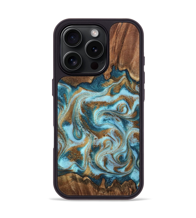 iPhone 16 Pro Wood Phone Case - Cruz (Teal & Gold, 798343)