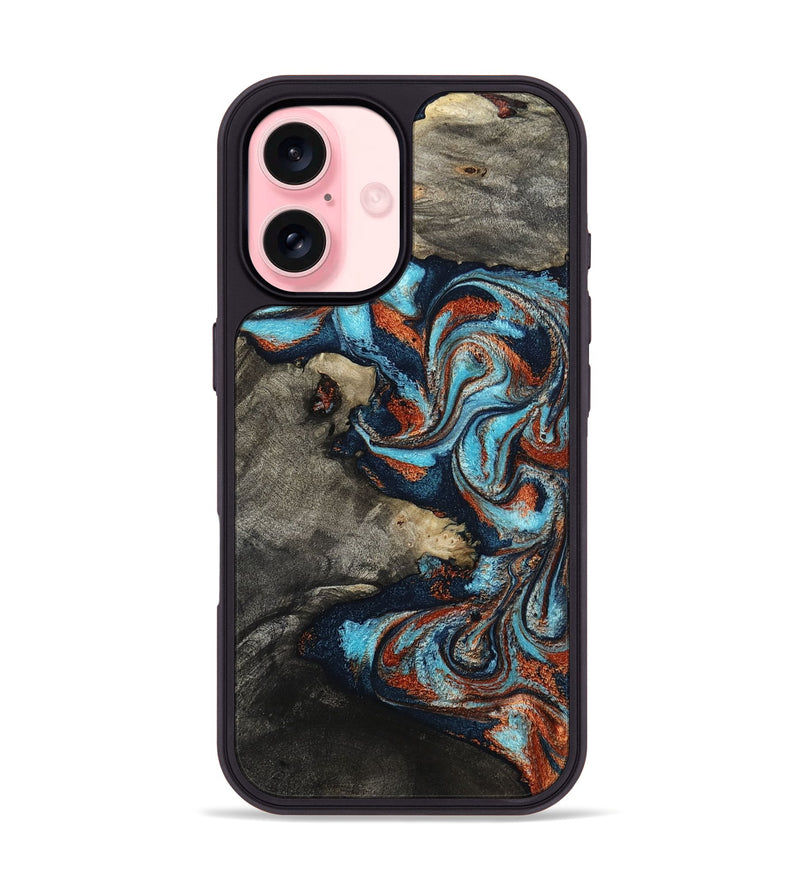 iPhone 16 Wood Phone Case - Natalya (Teal & Gold, 798640)